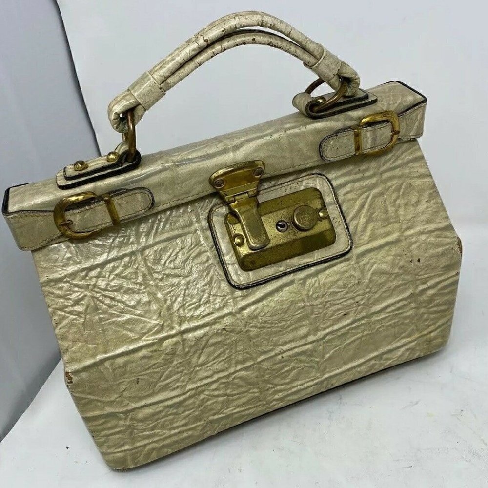 Vintage Gray Beige Croc Embossed Leather Hand Bag